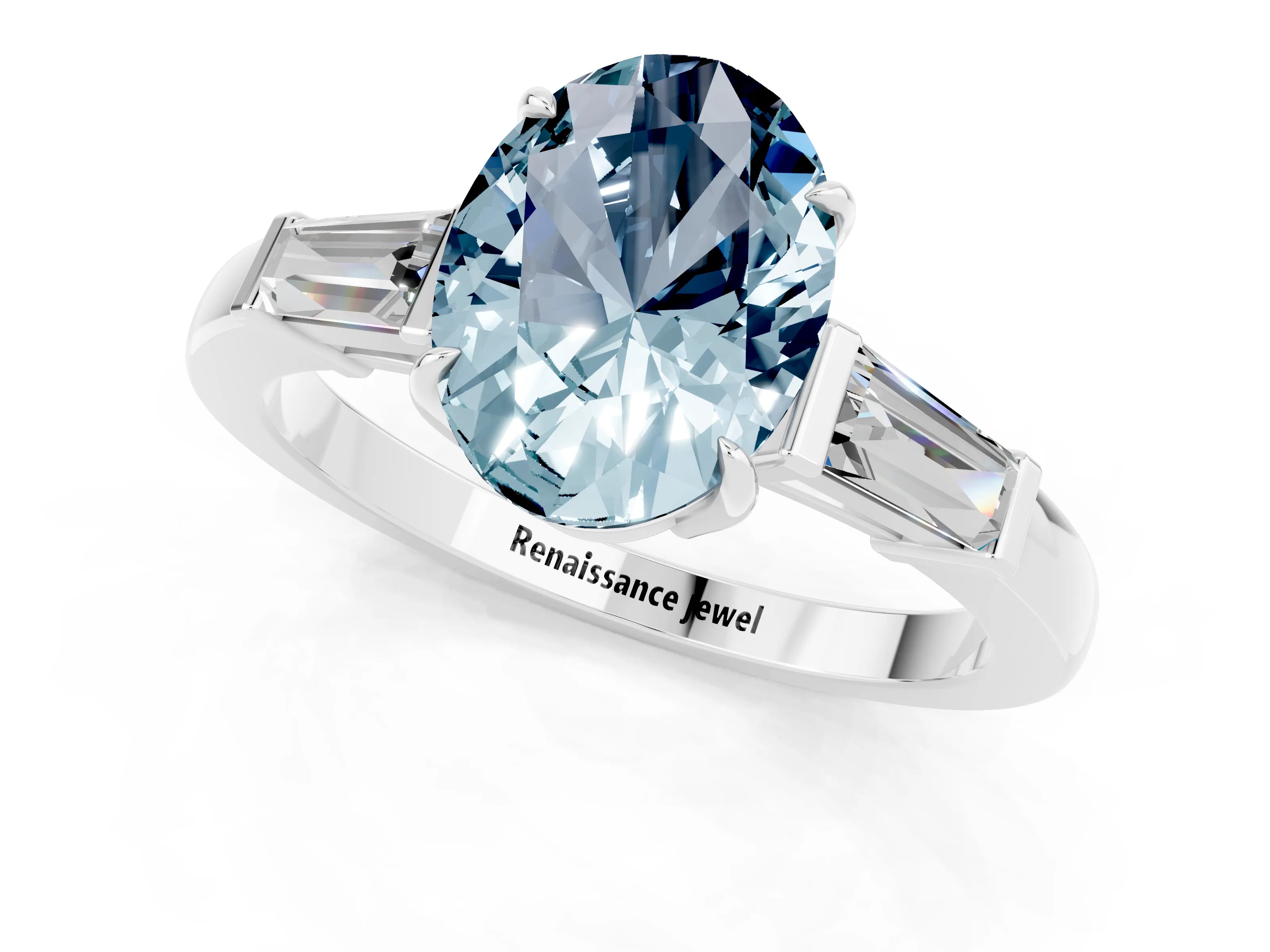White gold Oval Cut Cut Diamond Ring with Tapered Baguette Side Stones in Four-Prong Setting_1