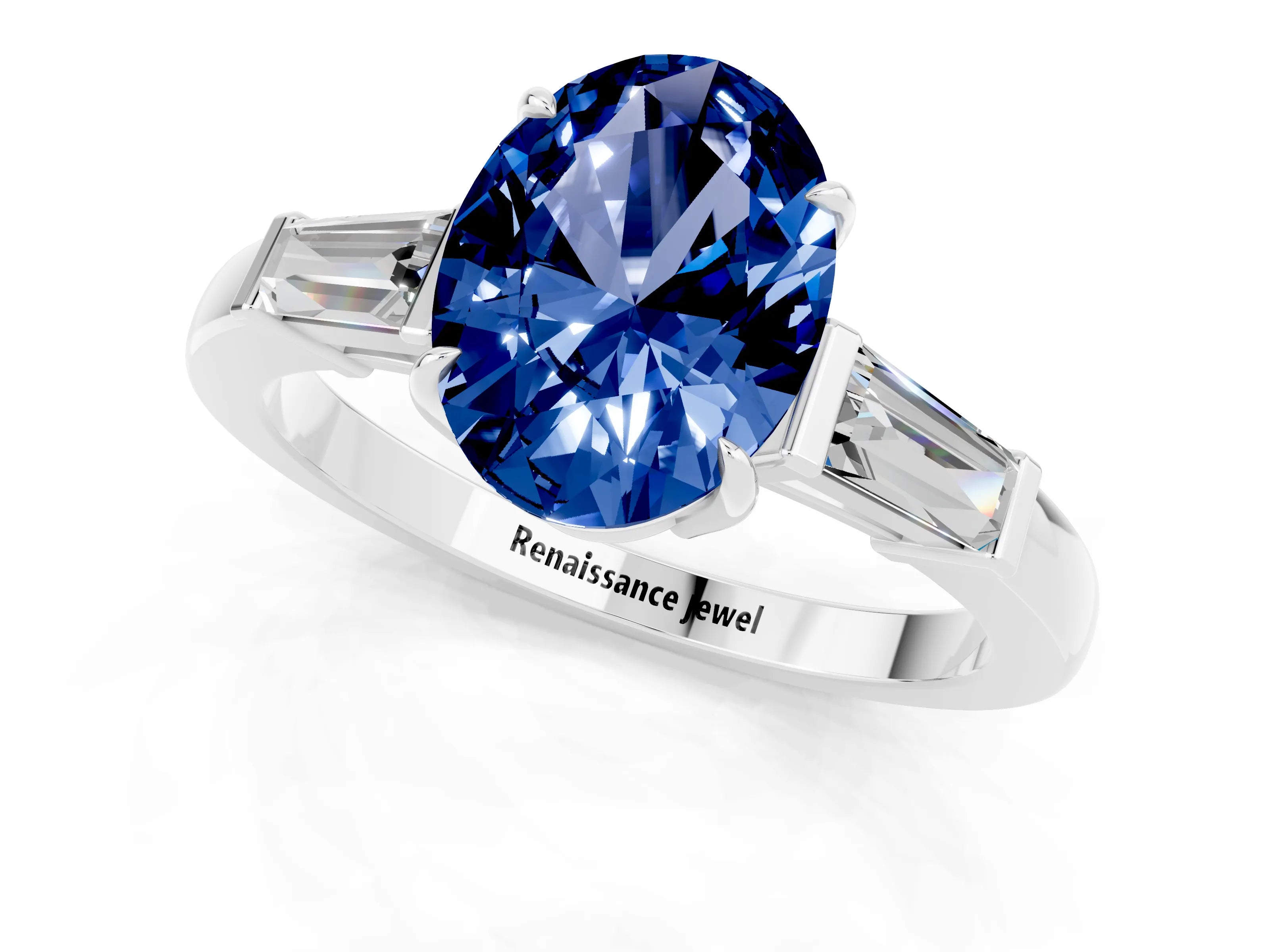 White gold Oval Cut Cut Diamond Ring with Tapered Baguette Side Stones in Four-Prong Setting_1