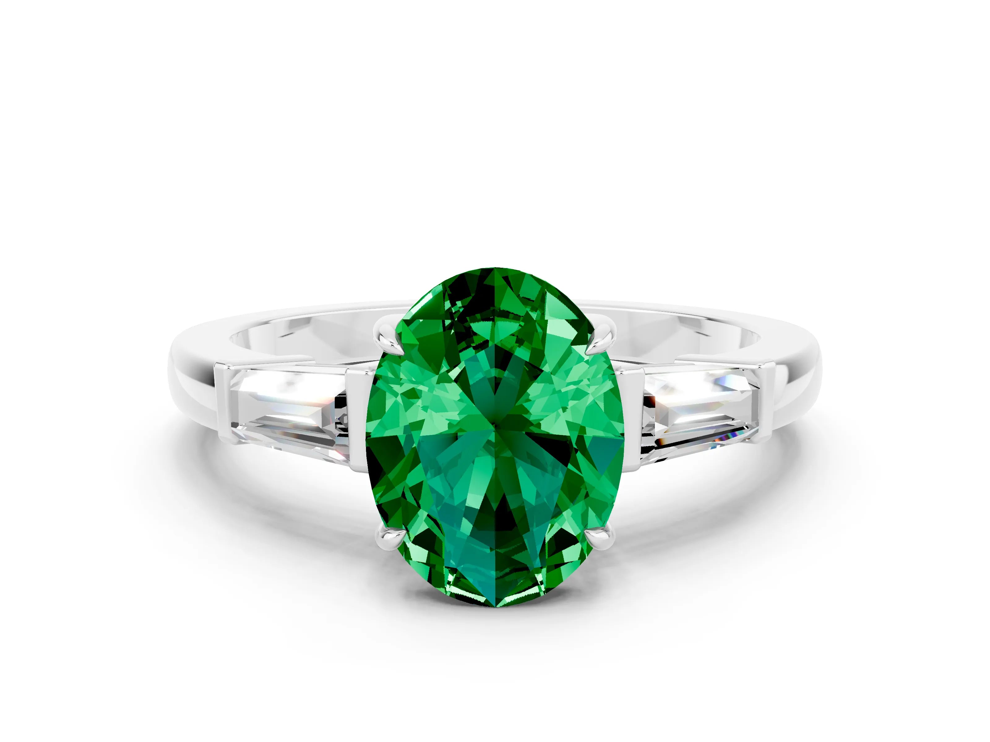 White gold Oval Cut Cut Diamond Ring with Tapered Baguette Side Stones in Four-Prong Setting