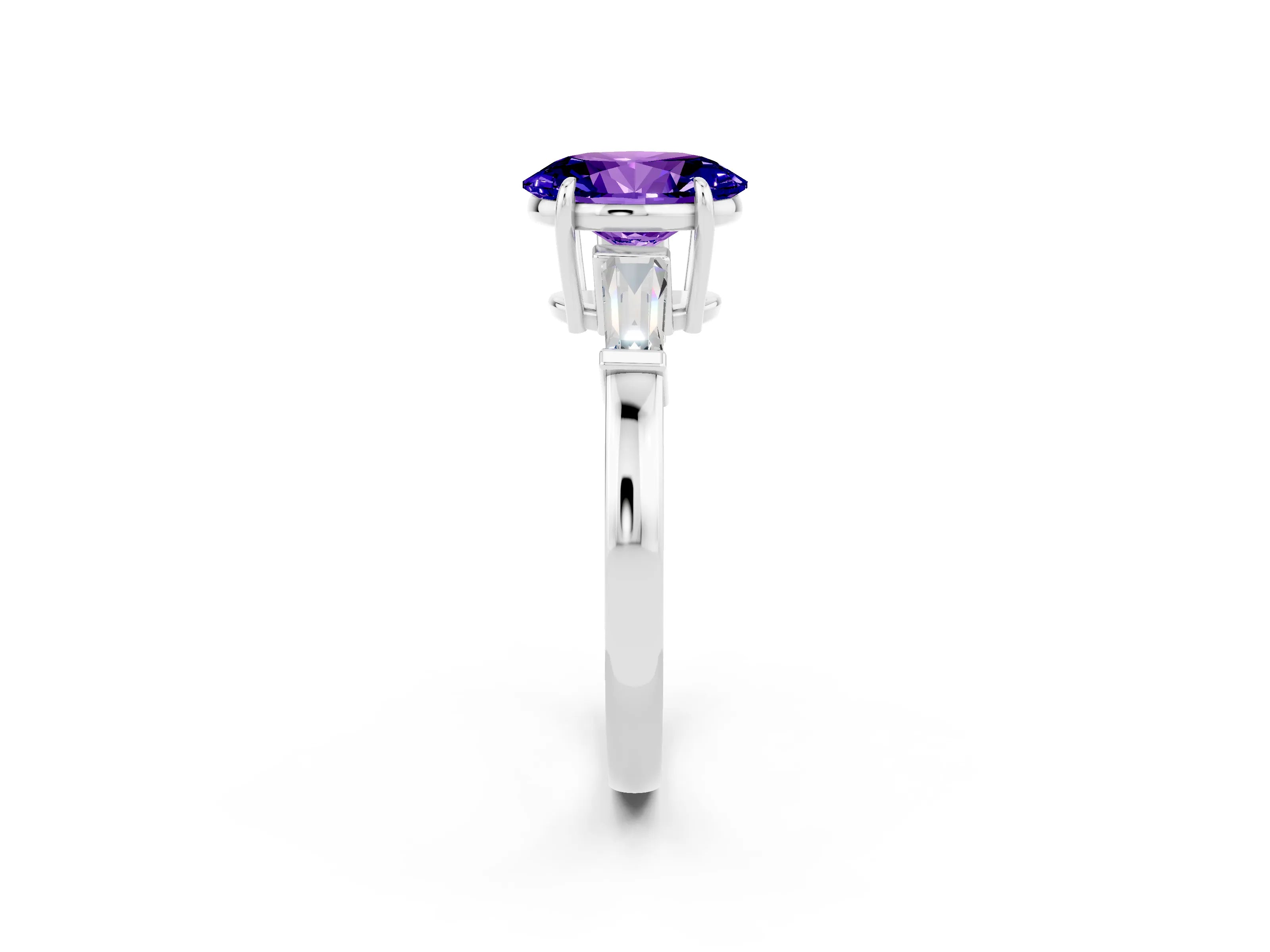 White gold Oval Cut Cut Diamond Ring with Tapered Baguette Side Stones in Four-Prong Setting_2
