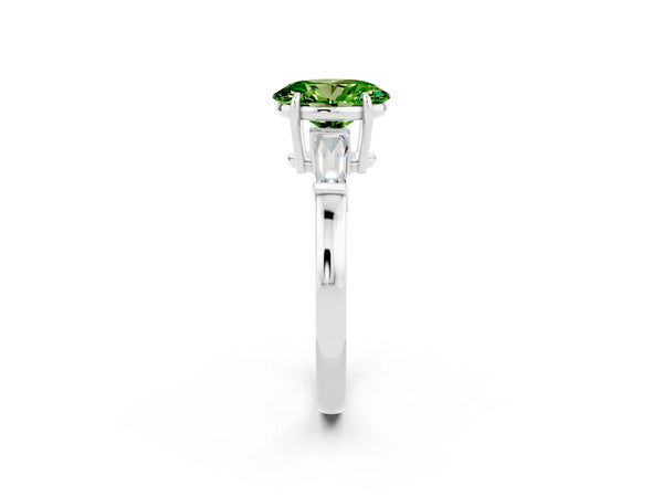 Silver Oval Cut Cut Diamond Ring with Tapered Baguette Side Stones in Four-Prong Setting