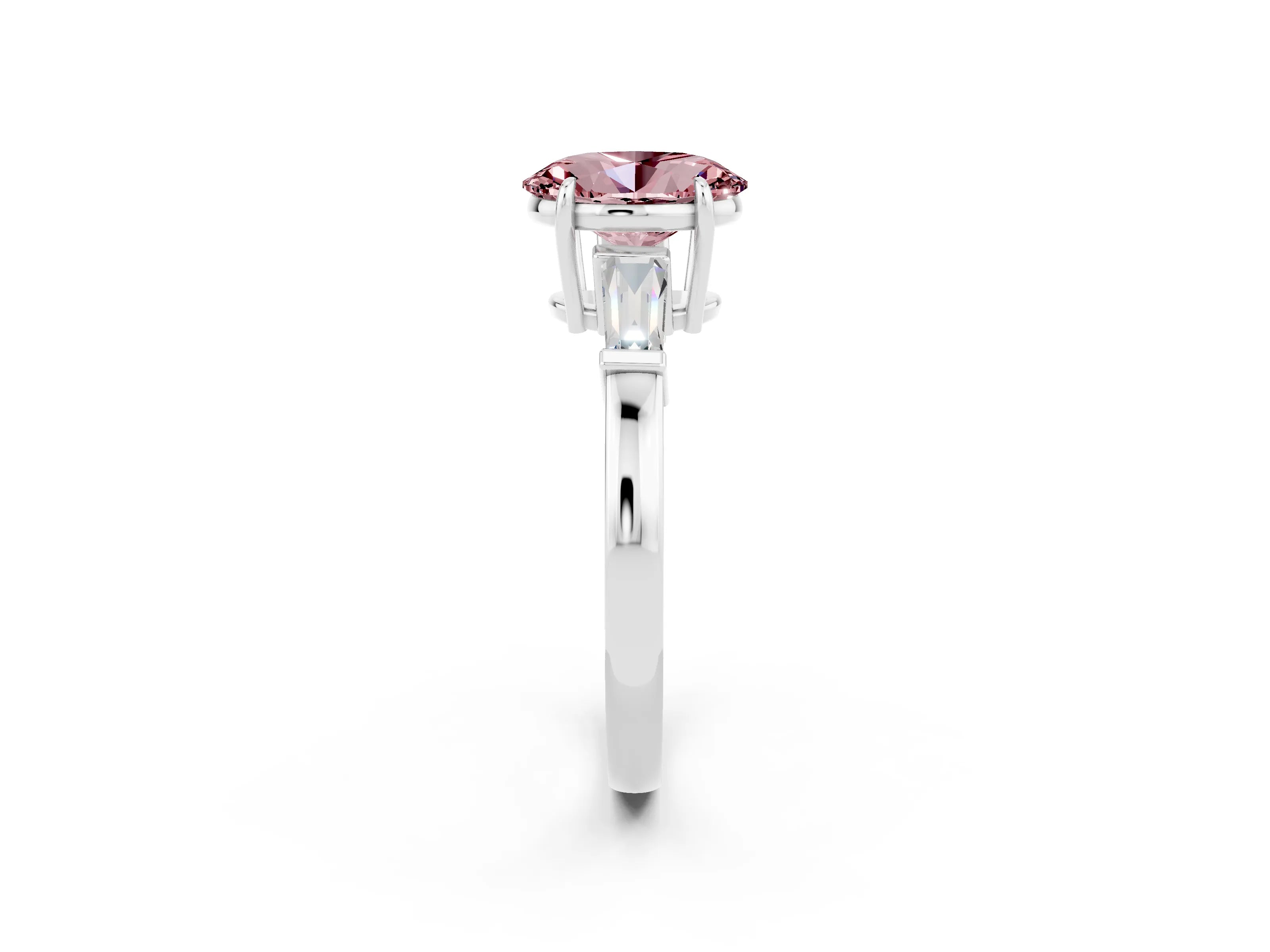 White gold Oval Cut Cut Diamond Ring with Tapered Baguette Side Stones in Four-Prong Setting_2