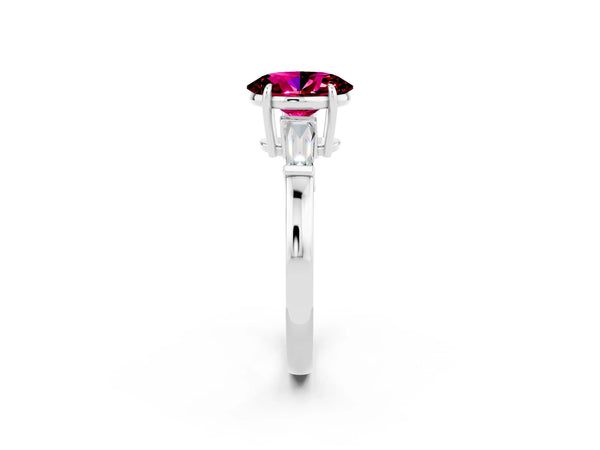 White gold Oval Cut Garnet Three-Stone Ring with Tapered Baguette Side Stones and Prong Setting