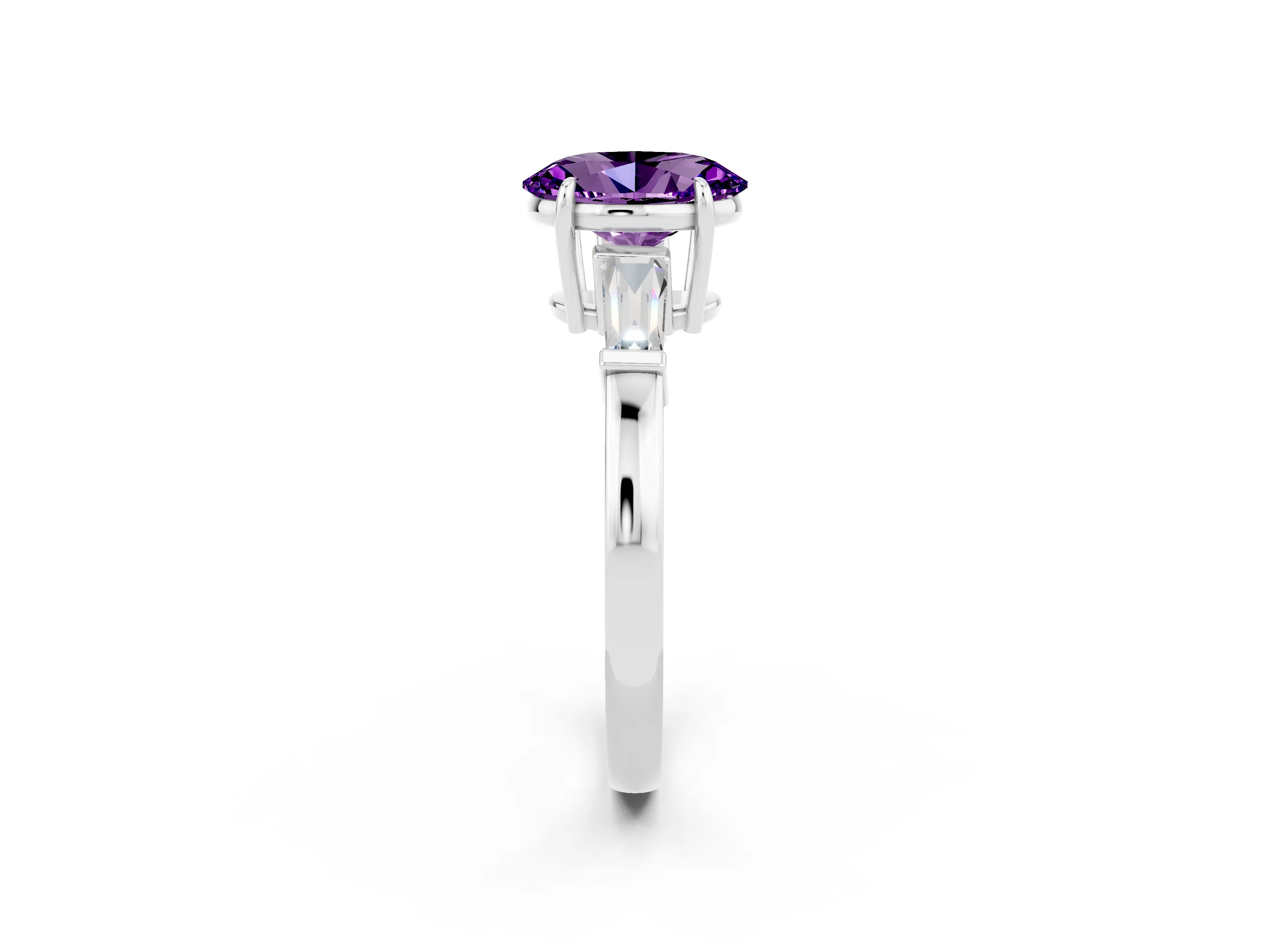 White gold Oval Cut Cut Diamond Ring with Tapered Baguette Side Stones in Four-Prong Setting_2