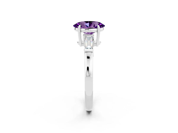 Silver Oval Cut Amethyst Three-Stone Ring with Tapered Baguette Side Stones and Prong Setting