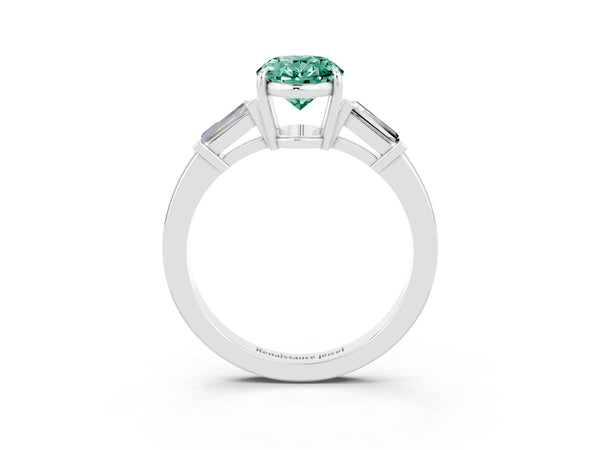 Silver Oval Cut Green Sapphire Three-Stone Ring with Tapered Baguette Side Stones and Prong Setting