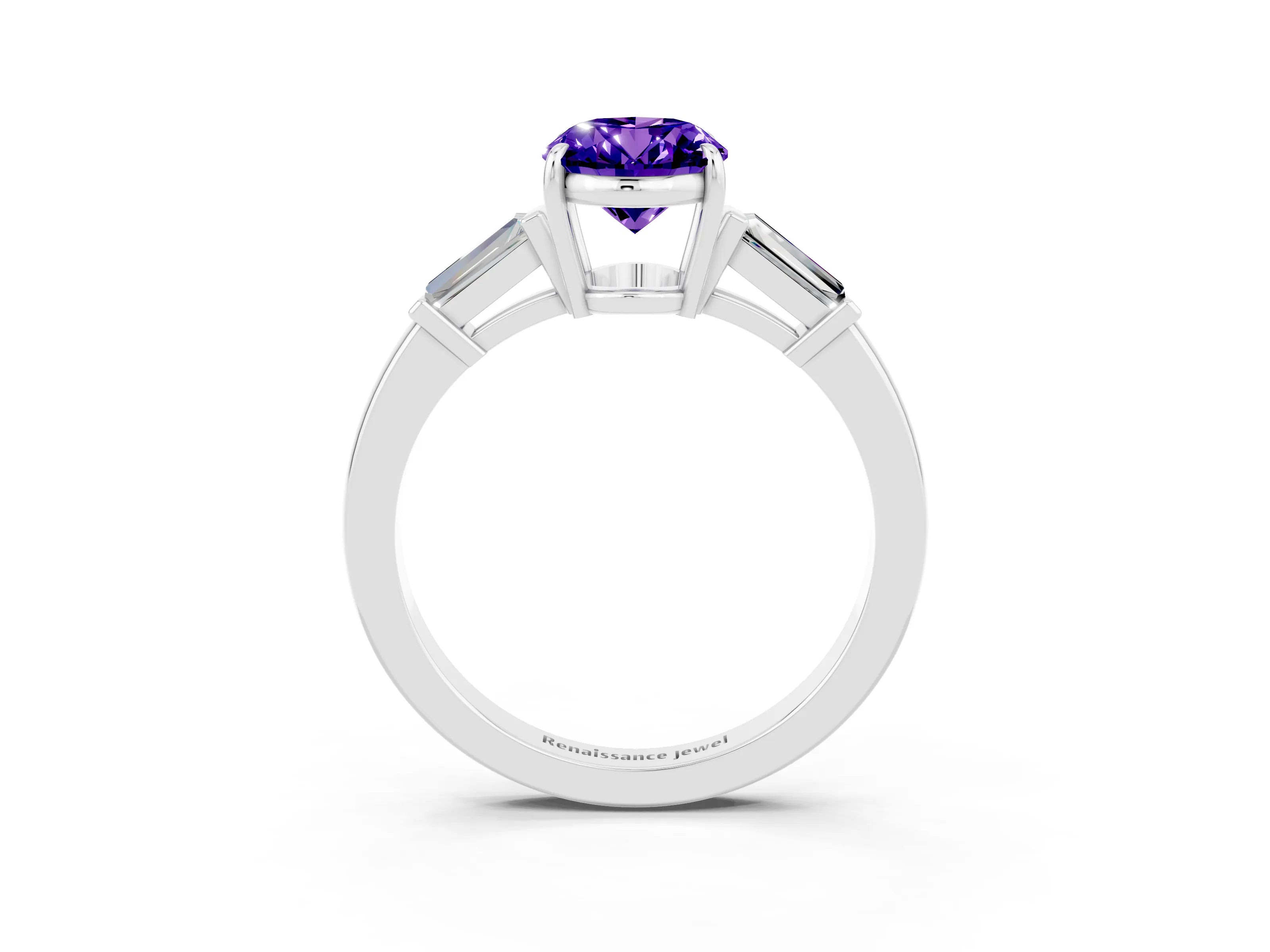White gold Oval Cut Cut Diamond Ring with Tapered Baguette Side Stones in Four-Prong Setting_3