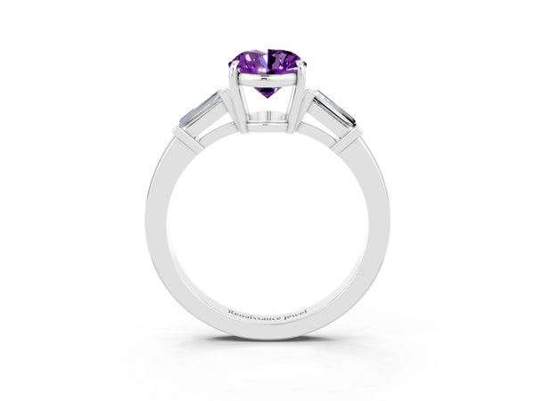 Silver Oval Cut Amethyst Three-Stone Ring with Tapered Baguette Side Stones and Prong Setting