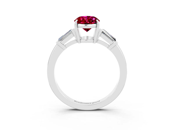 Platinum Oval Cut Garnet Three-Stone Ring with Tapered Baguette Side Stones and Prong Setting