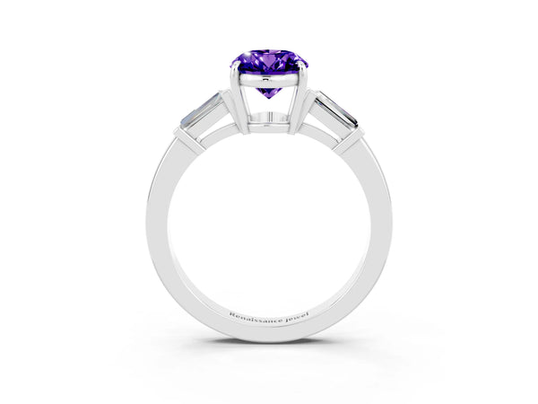 Silver Oval Cut Tanzanite Three-Stone Ring with Tapered Baguette Side Stones and Prong Setting