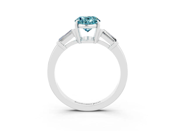 White gold Oval Cut Cut Diamond Ring with Tapered Baguette Side Stones in Four-Prong Setting