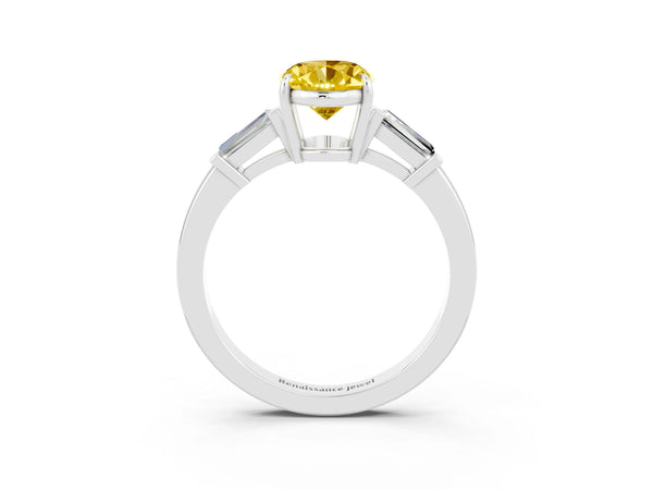 Platinum Oval Cut Yellow Sapphire Three-Stone Ring with Tapered Baguette Side Stones and Prong Setting