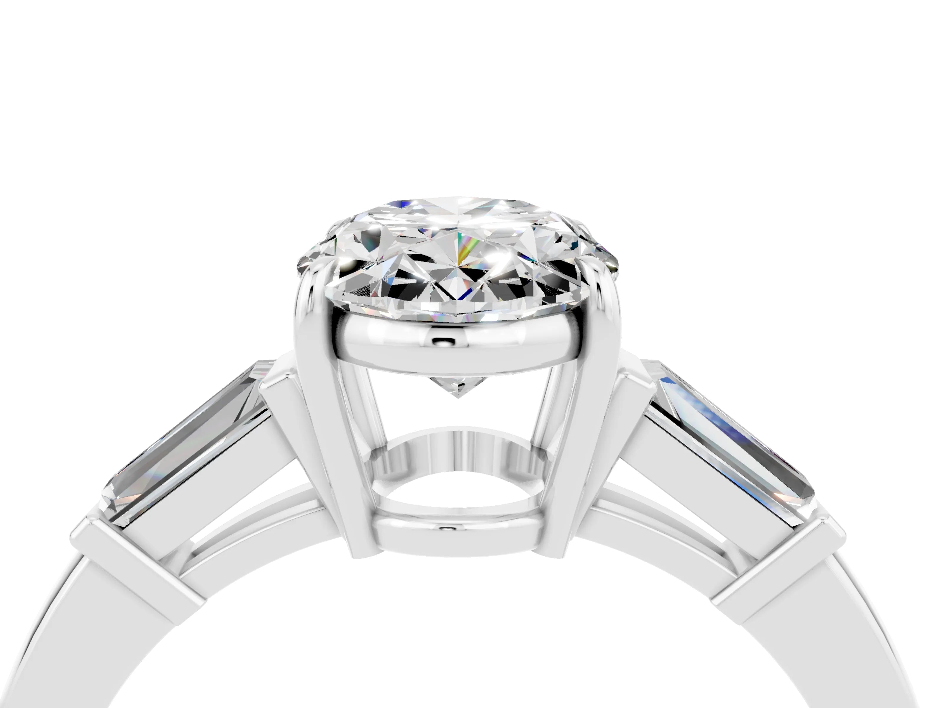 White gold Oval Cut Cut Diamond Ring with Tapered Baguette Side Stones in Four-Prong Setting_4