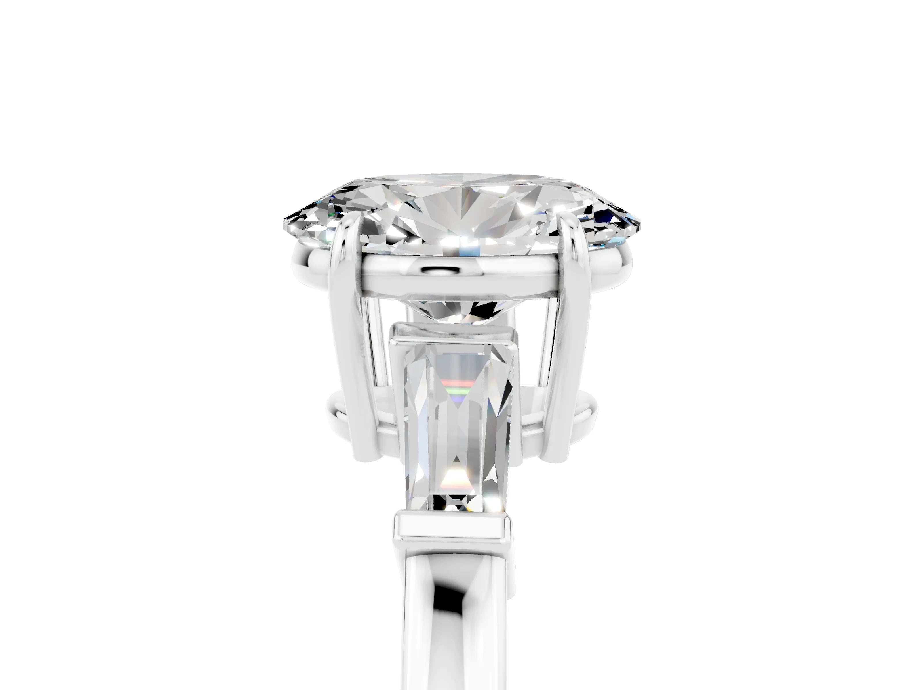 White gold Oval Cut Cut Diamond Ring with Tapered Baguette Side Stones in Four-Prong Setting_5