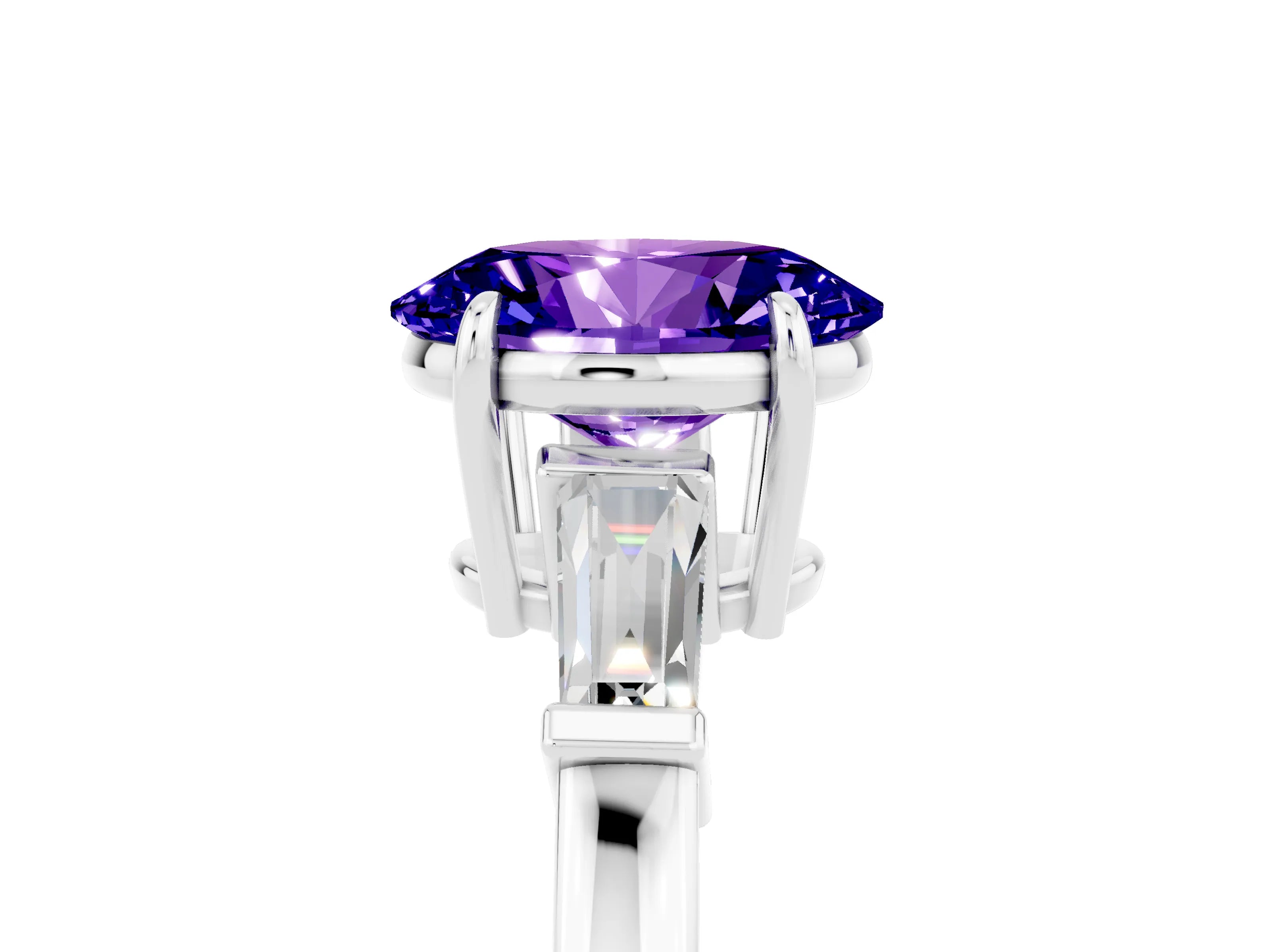 White gold Oval Cut Cut Diamond Ring with Tapered Baguette Side Stones in Four-Prong Setting_5