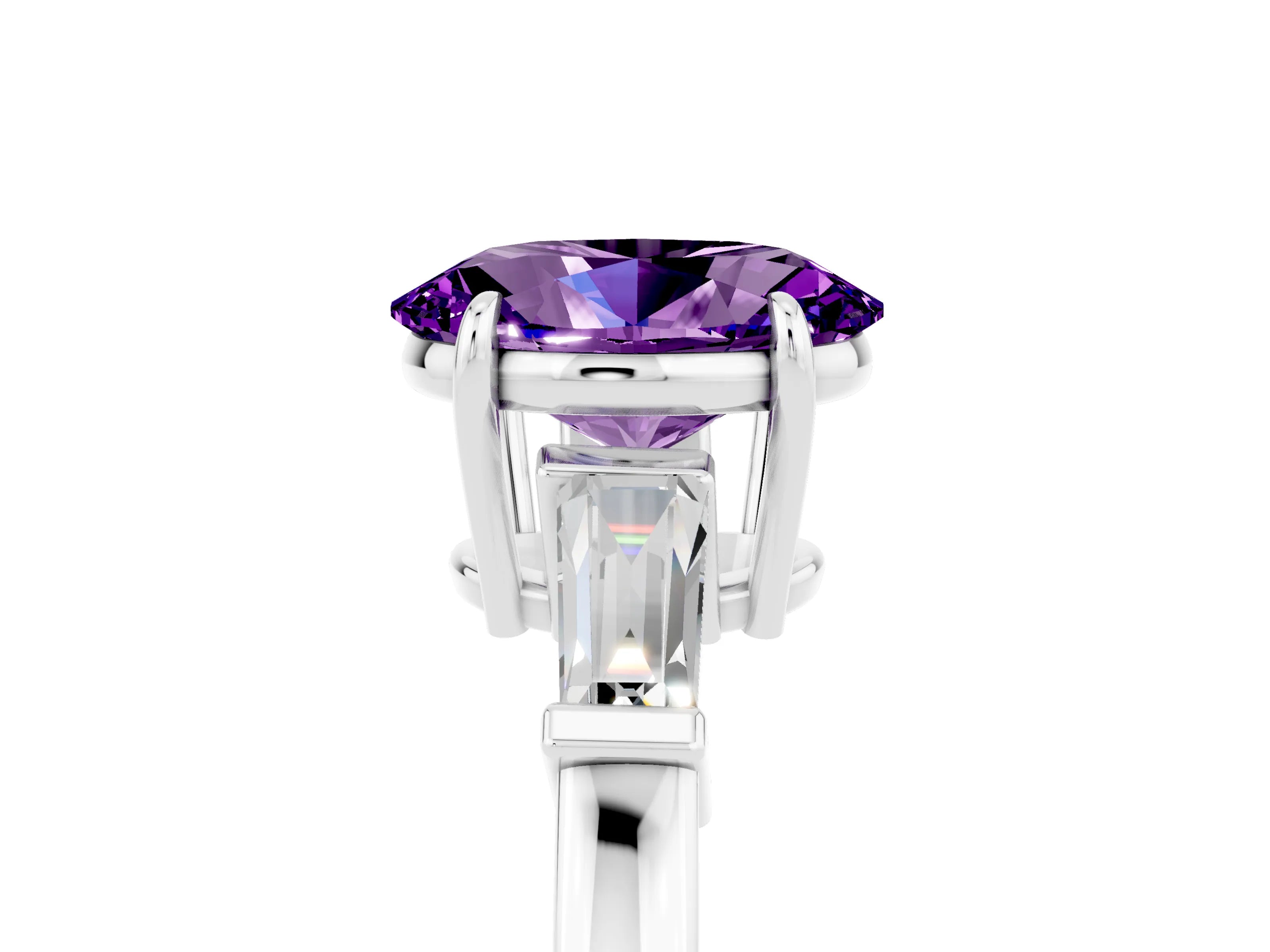 White gold Oval Cut Cut Diamond Ring with Tapered Baguette Side Stones in Four-Prong Setting_5
