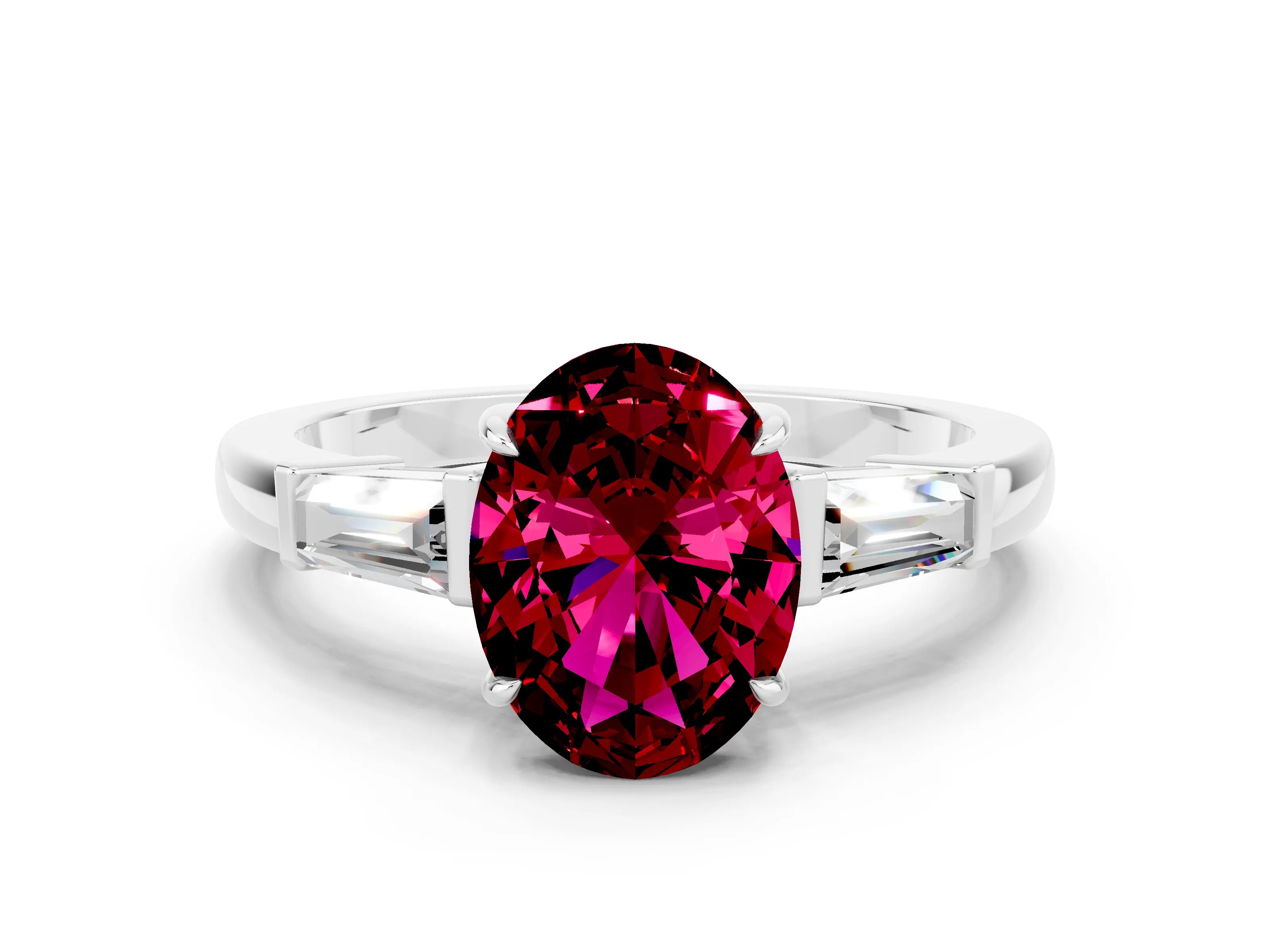 White gold Oval Cut Cut Diamond Ring with Tapered Baguette Side Stones in Four-Prong Setting