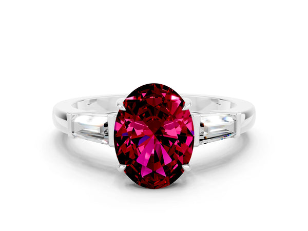 Platinum Oval Cut Garnet Three-Stone Ring with Tapered Baguette Side Stones and Prong Setting