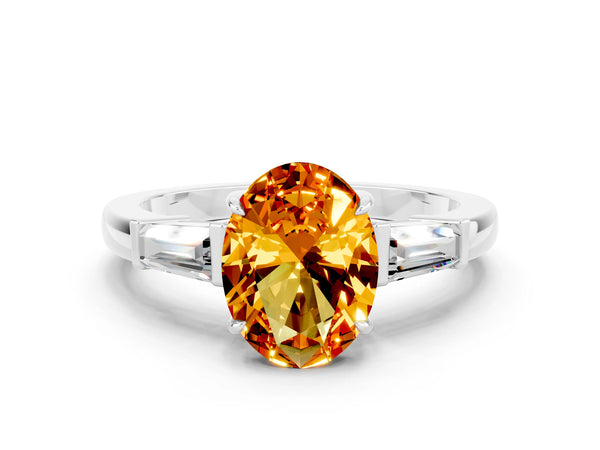 Silver Oval Cut Citrine Three-Stone Ring with Tapered Baguette Side Stones and Prong Setting