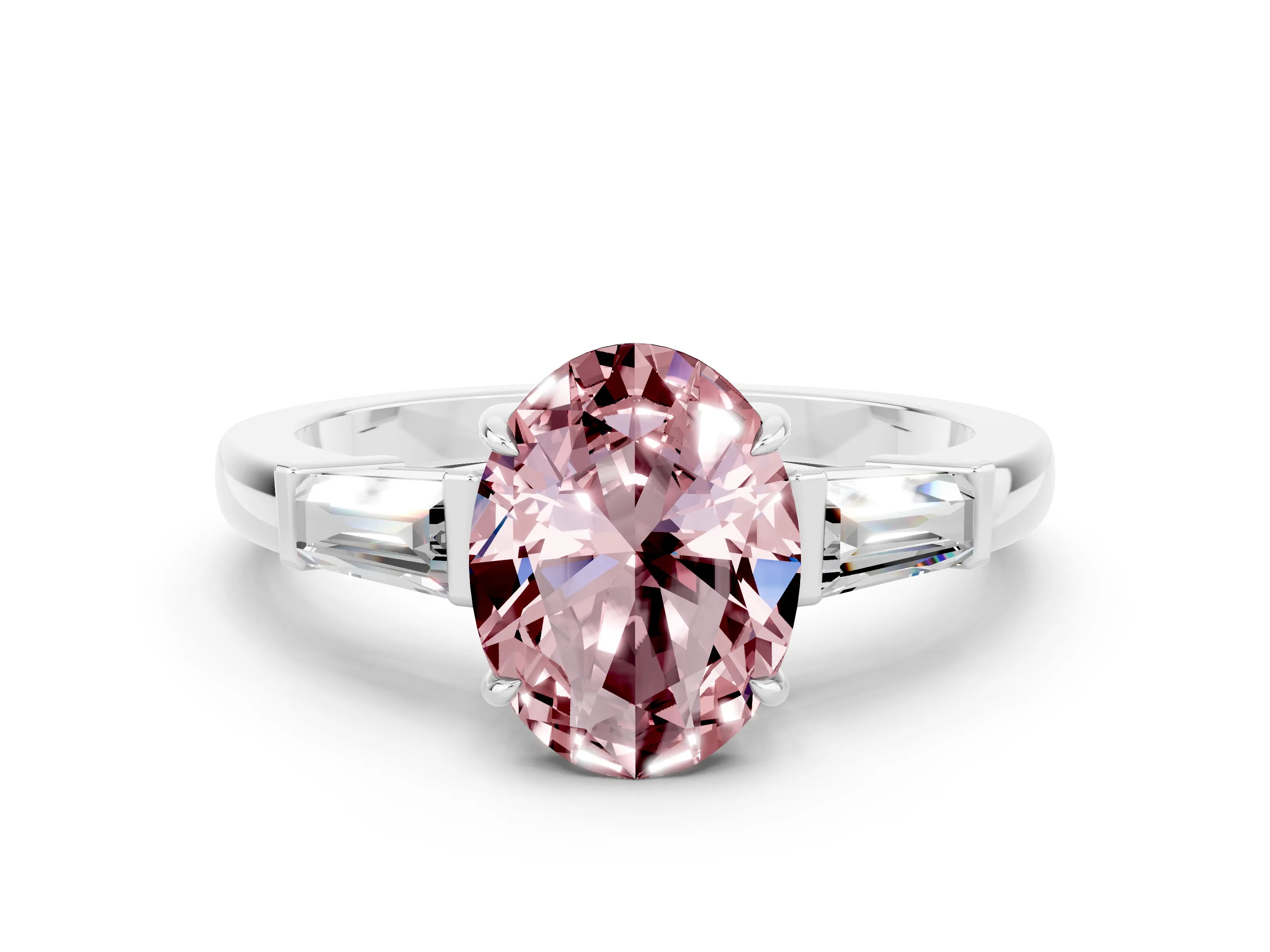 White gold Oval Cut Cut Diamond Ring with Tapered Baguette Side Stones in Four-Prong Setting