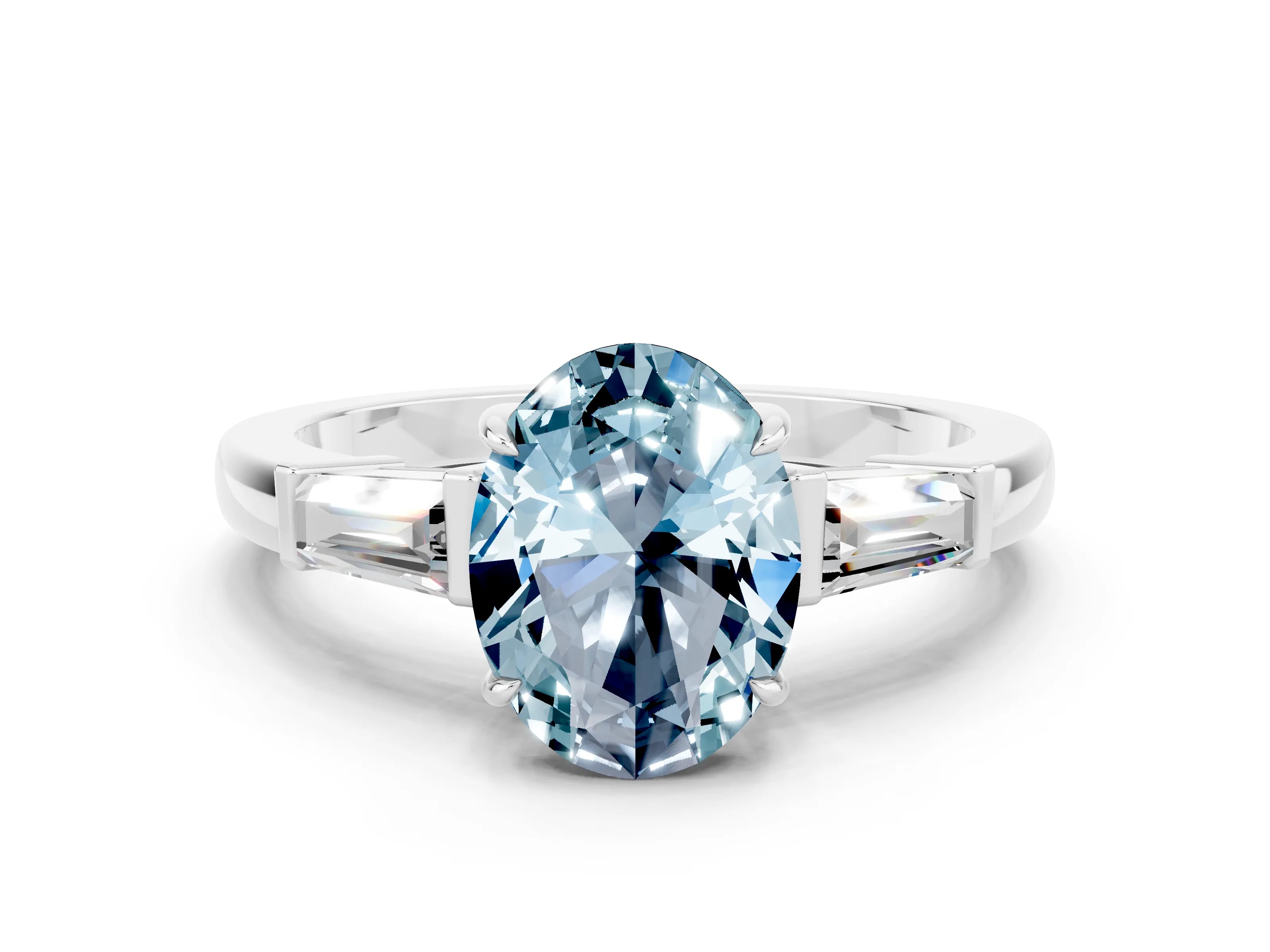 White gold Oval Cut Cut Diamond Ring with Tapered Baguette Side Stones in Four-Prong Setting