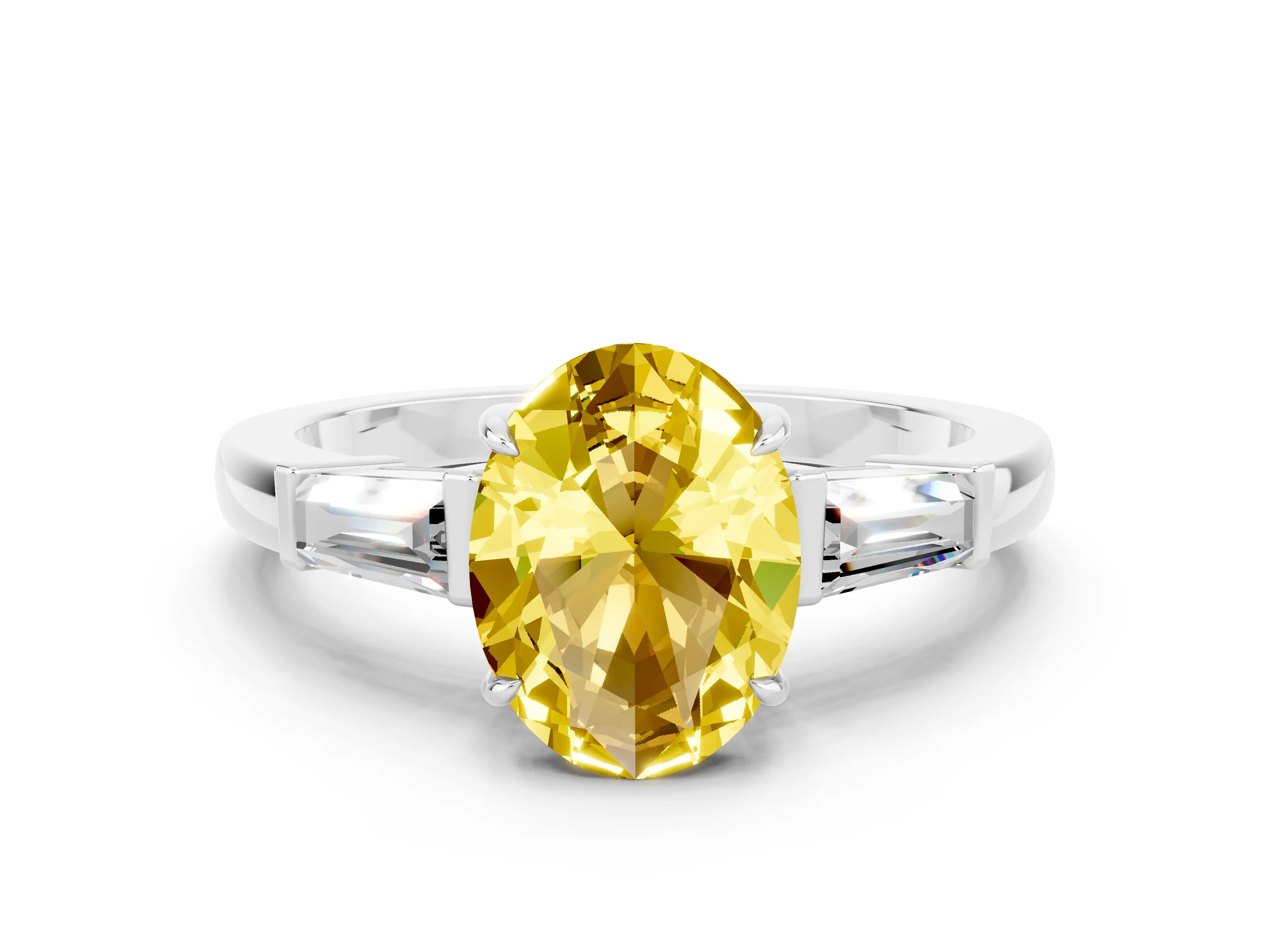 White gold Oval Cut Cut Diamond Ring with Tapered Baguette Side Stones in Four-Prong Setting