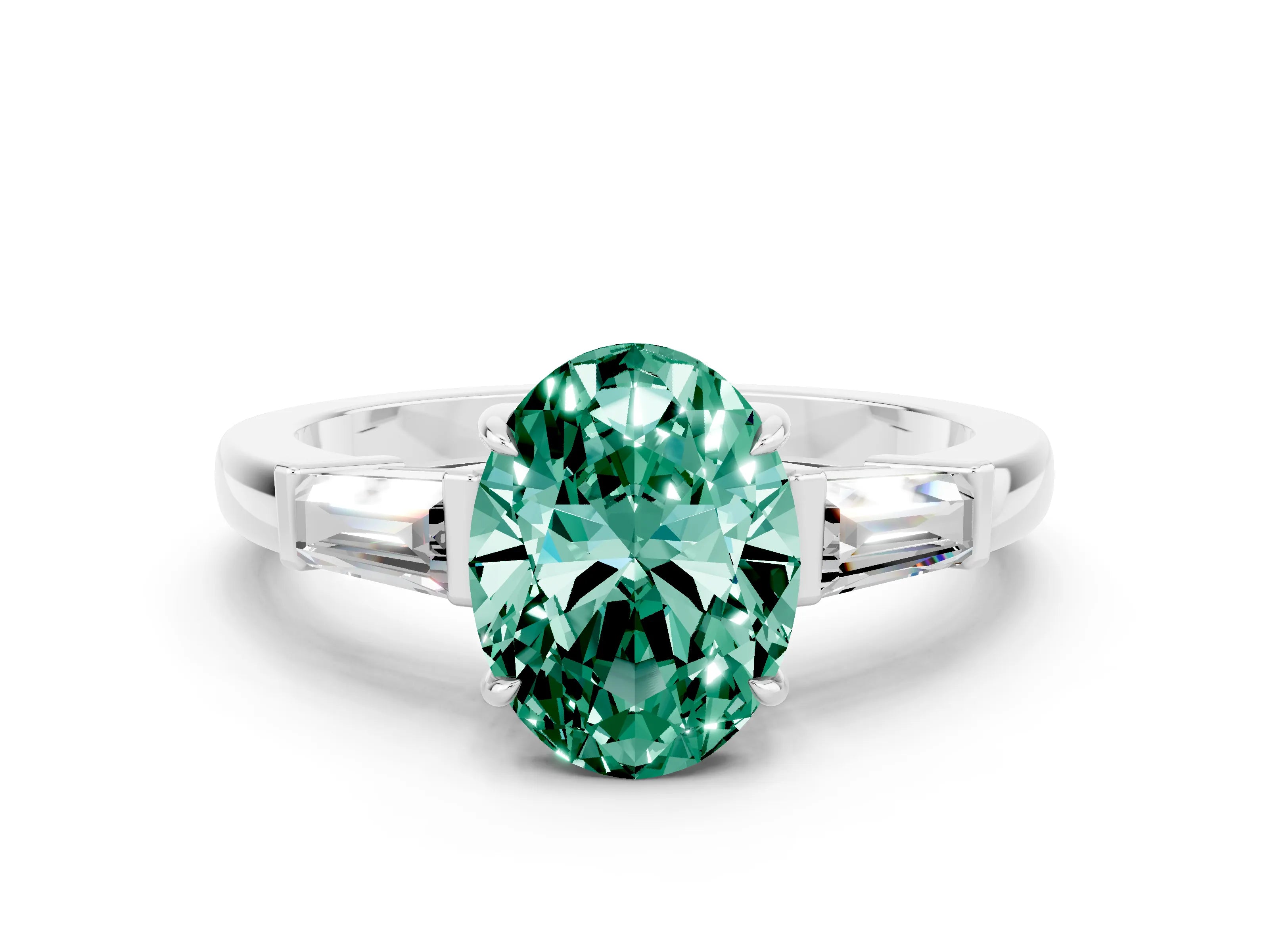 White gold Oval Cut Cut Diamond Ring with Tapered Baguette Side Stones in Four-Prong Setting