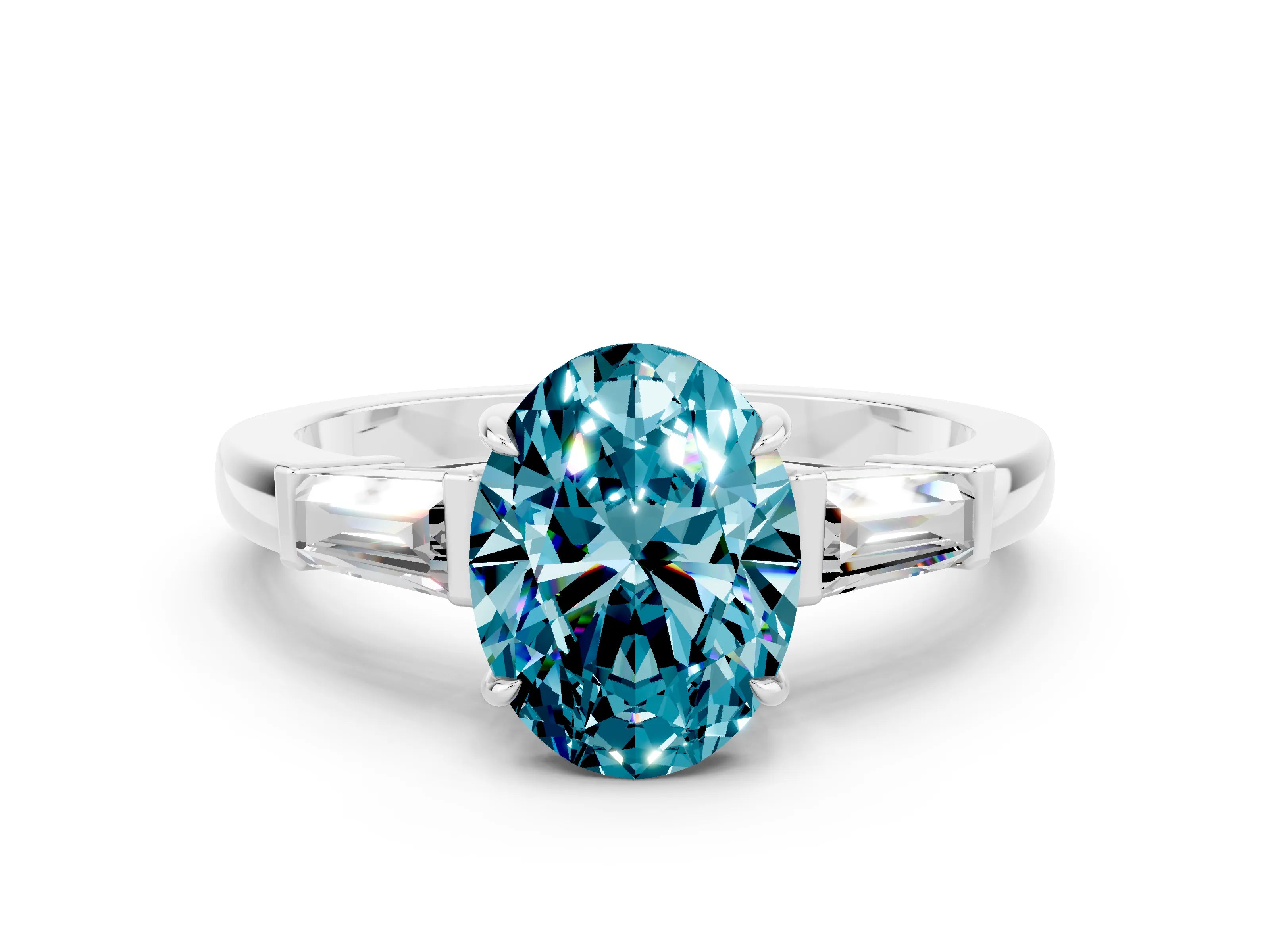 White gold Oval Cut Cut Diamond Ring with Tapered Baguette Side Stones in Four-Prong Setting