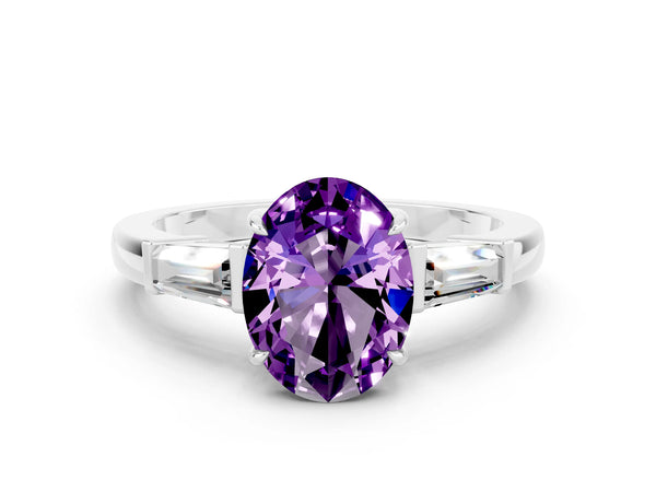 White gold Oval Cut Amethyst Three-Stone Ring with Tapered Baguette Side Stones and Prong Setting