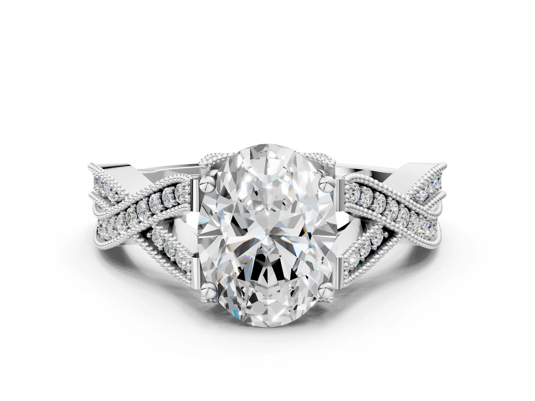 White gold Oval Cut Cut Diamond Twisted Band with Milgrain Pave Setting and Four-Prong Setting_18