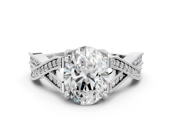 White Gold Oval Graduated Pave Twist Engagement Ring Setting
