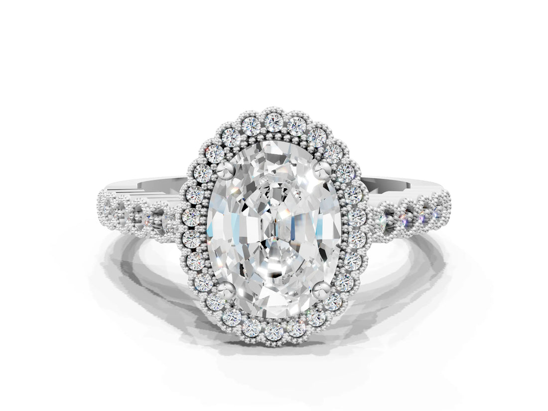 White gold Oval Cut Cut Halo Pavé Solitaire Ring with Milgrain Band_7