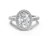 White gold Oval Cut Cut Halo Pavé Solitaire Ring with Milgrain Band_7