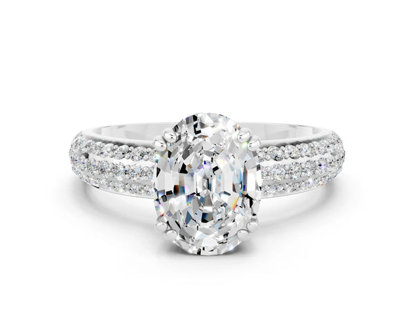 Platinum Oval Cut Moissanite Solitaire Ring with Multi-Row Round Pavé Band and Prong Setting