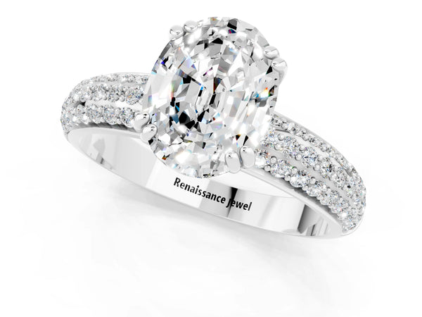 Platinum Oval Cut Moissanite Solitaire Ring with Multi-Row Round Pavé Band and Prong Setting