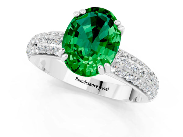 White gold Oval Cut Emerald Solitaire Ring with Multi-Row Round Pavé Band and Prong Setting