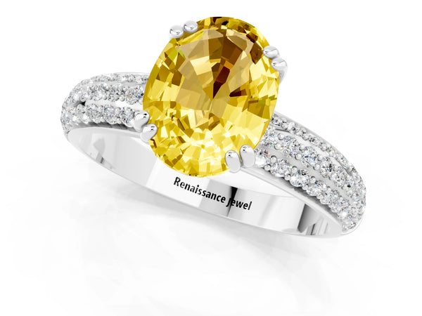 Platinum Oval Cut Yellow Sapphire Solitaire Ring with Multi-Row Round Pavé Band and Prong Setting