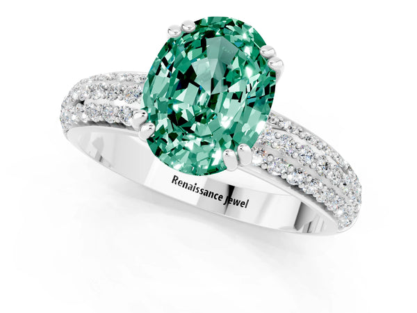 White gold Oval Cut Green Sapphire Solitaire Ring with Multi-Row Round Pavé Band and Prong Setting