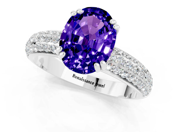 Silver Oval Cut Tanzanite Solitaire Ring with Multi-Row Round Pavé Band and Prong Setting