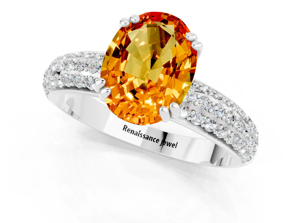 White gold Oval Cut Citrine Solitaire Ring with Multi-Row Round Pavé Band and Prong Setting