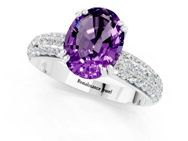 Platinum Oval Cut Amethyst Solitaire Ring with Multi-Row Round Pavé Band and Prong Setting