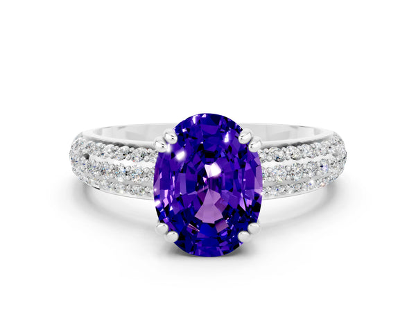 Silver Oval Cut Tanzanite Solitaire Ring with Multi-Row Round Pavé Band and Prong Setting