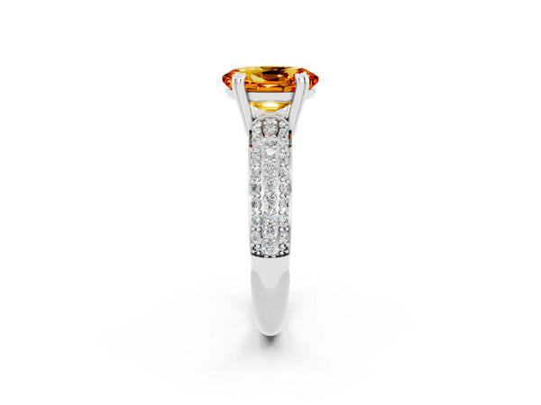 Silver Oval Cut Citrine Solitaire Ring with Multi-Row Round Pavé Band and Prong Setting