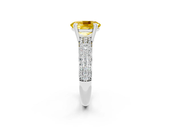 White gold Oval Cut Yellow Sapphire Solitaire Ring with Multi-Row Round Pavé Band and Prong Setting