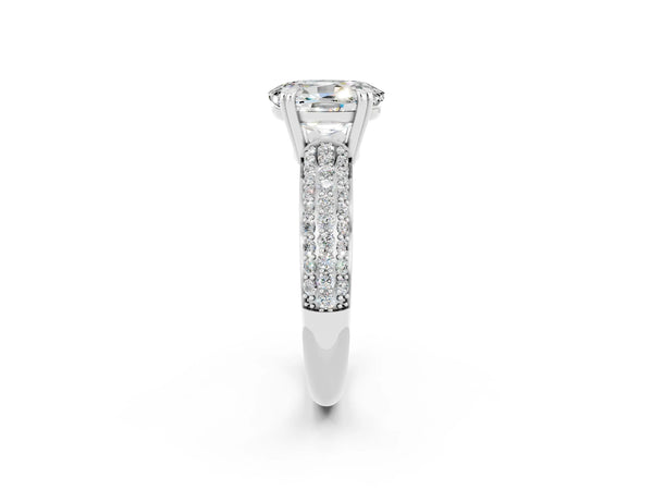 Silver Oval Cut Moissanite Solitaire Ring with Multi-Row Round Pavé Band and Prong Setting