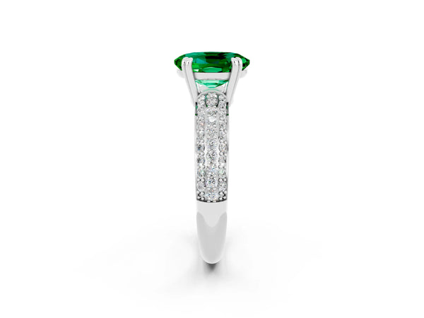 Silver Oval Cut Emerald Solitaire Ring with Multi-Row Round Pavé Band and Prong Setting