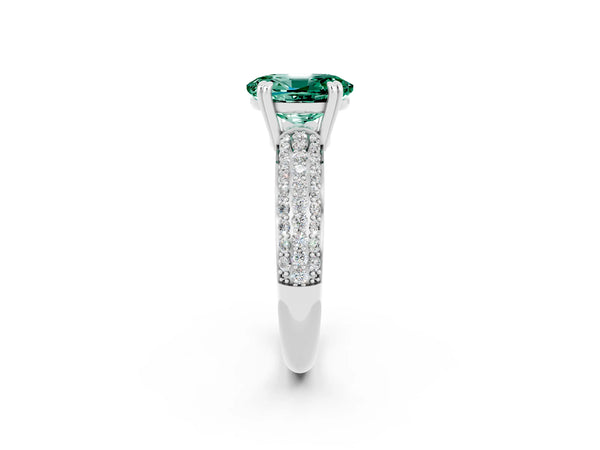 Platinum Oval Cut Green Sapphire Solitaire Ring with Multi-Row Round Pavé Band and Prong Setting