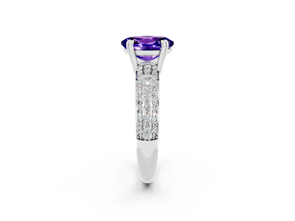 Silver Oval Cut Tanzanite Solitaire Ring with Multi-Row Round Pavé Band and Prong Setting