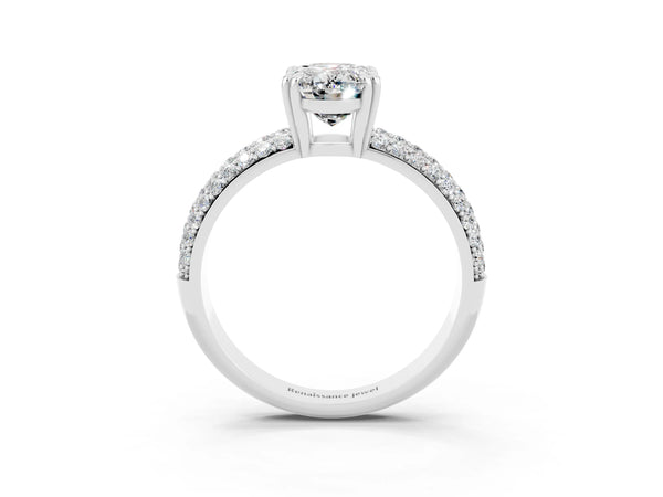 Platinum Oval Cut Moissanite Solitaire Ring with Multi-Row Round Pavé Band and Prong Setting
