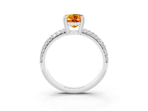 White gold Oval Cut Citrine Solitaire Ring with Multi-Row Round Pavé Band and Prong Setting